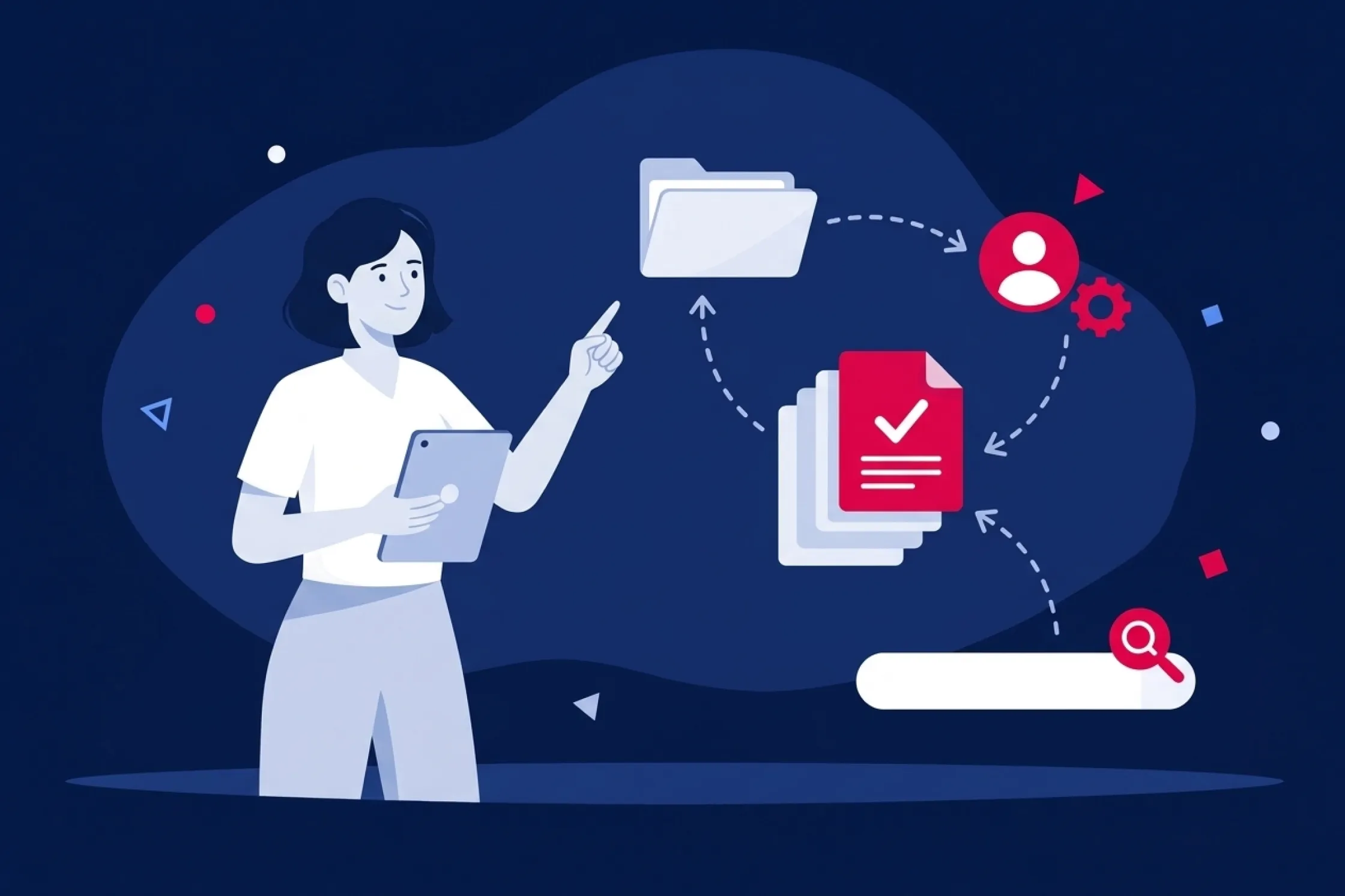 Mujer con tableta gestionando archivos, documentos y perfiles de usuario interconectados.