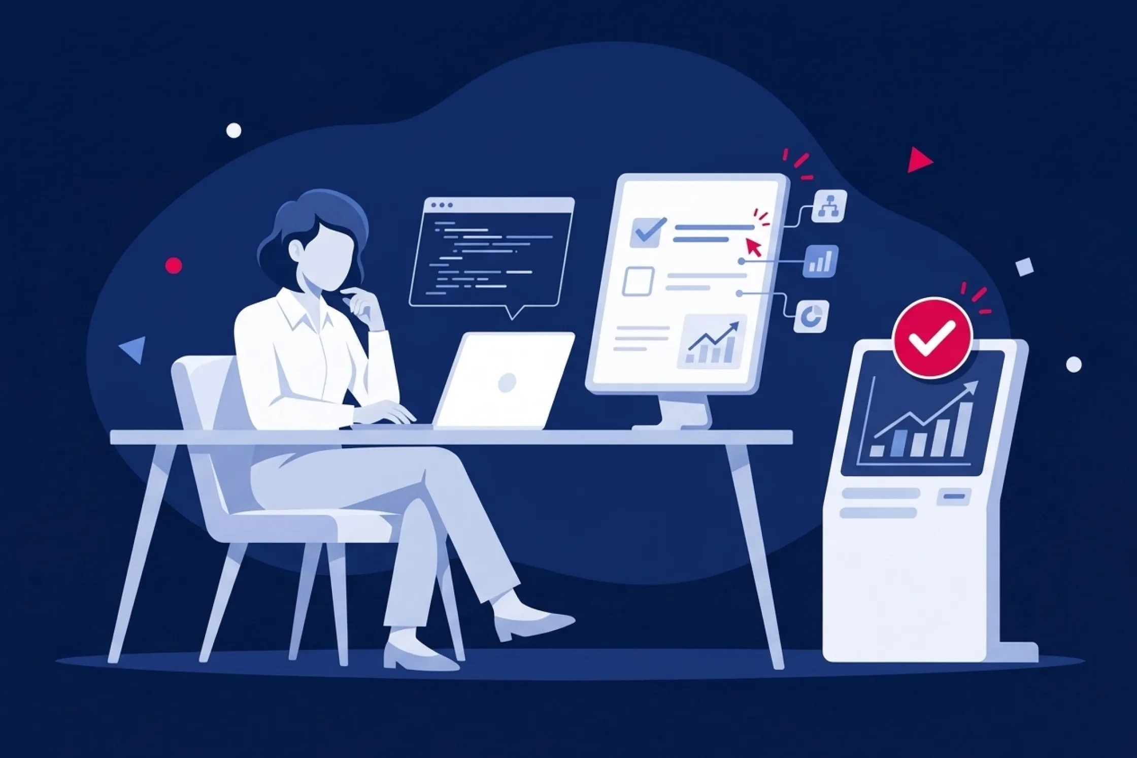 Mujer trabajando en su escritorio con pantallas de gestión de datos y métricas de progreso
