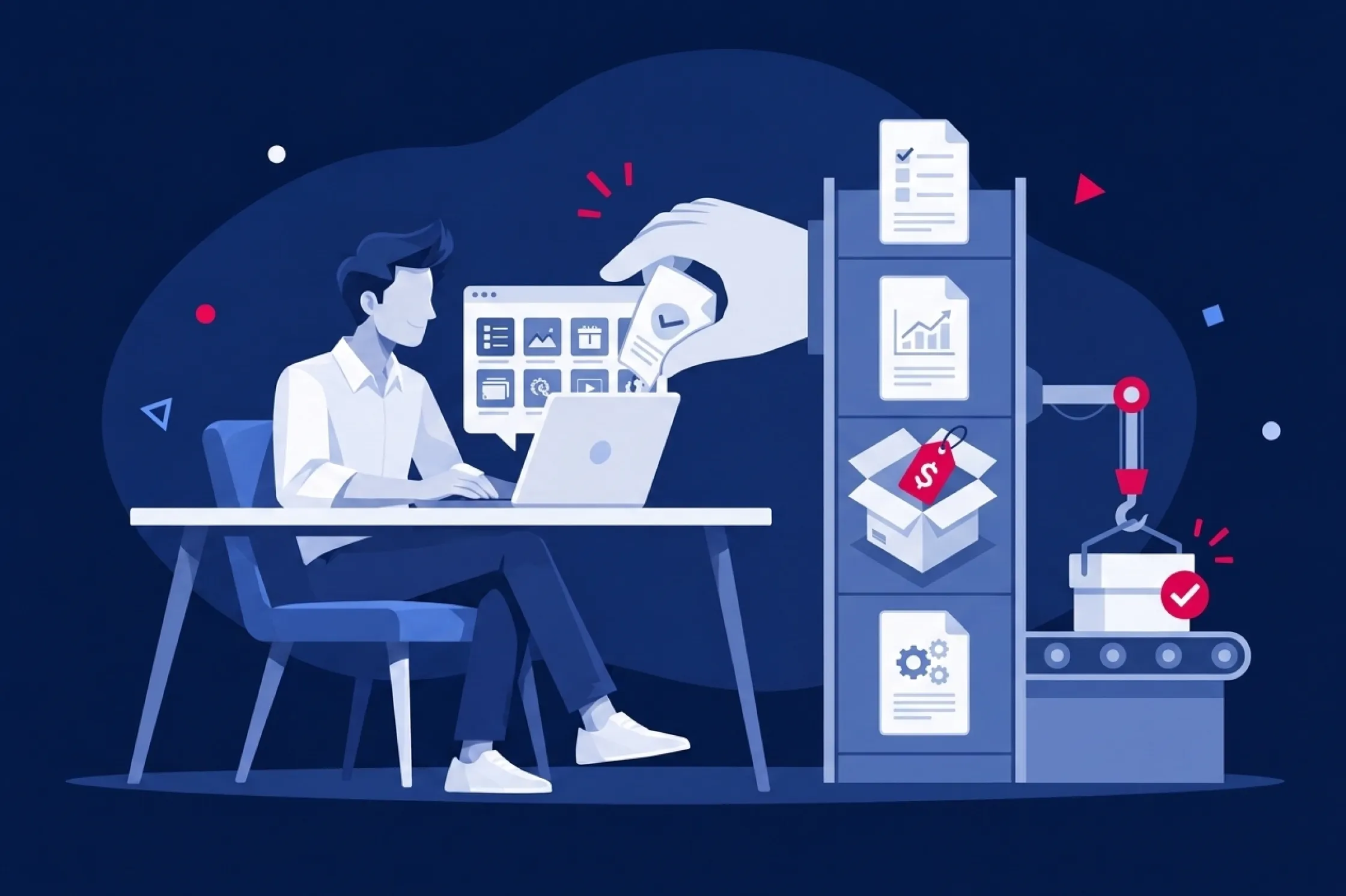 Hombre en su escritorio convirtiendo servicios digitales en productos empaquetados