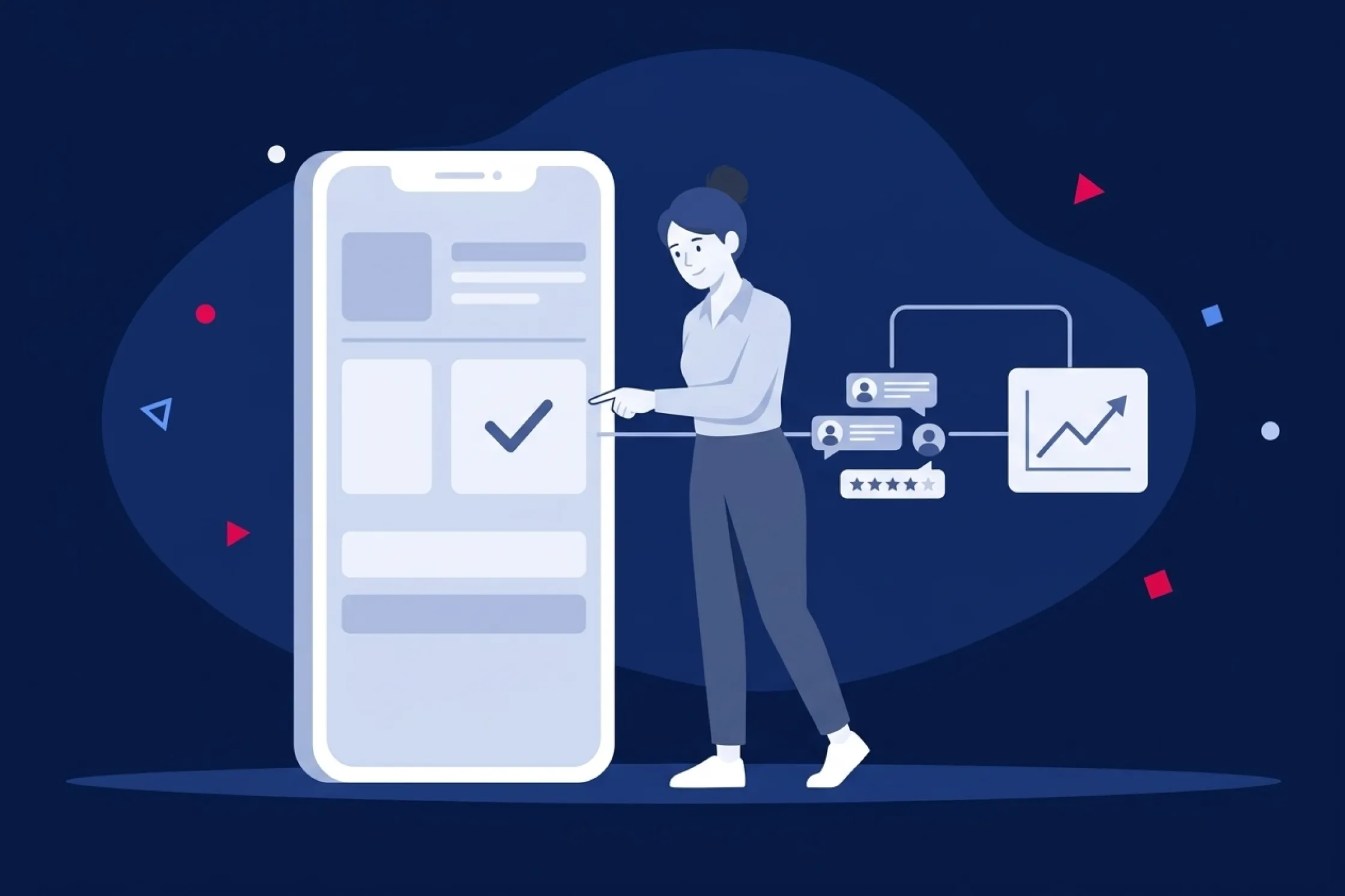 Una mujer interactúa con la interfaz de una app conectada a reseñas y gráficos de crecimiento.