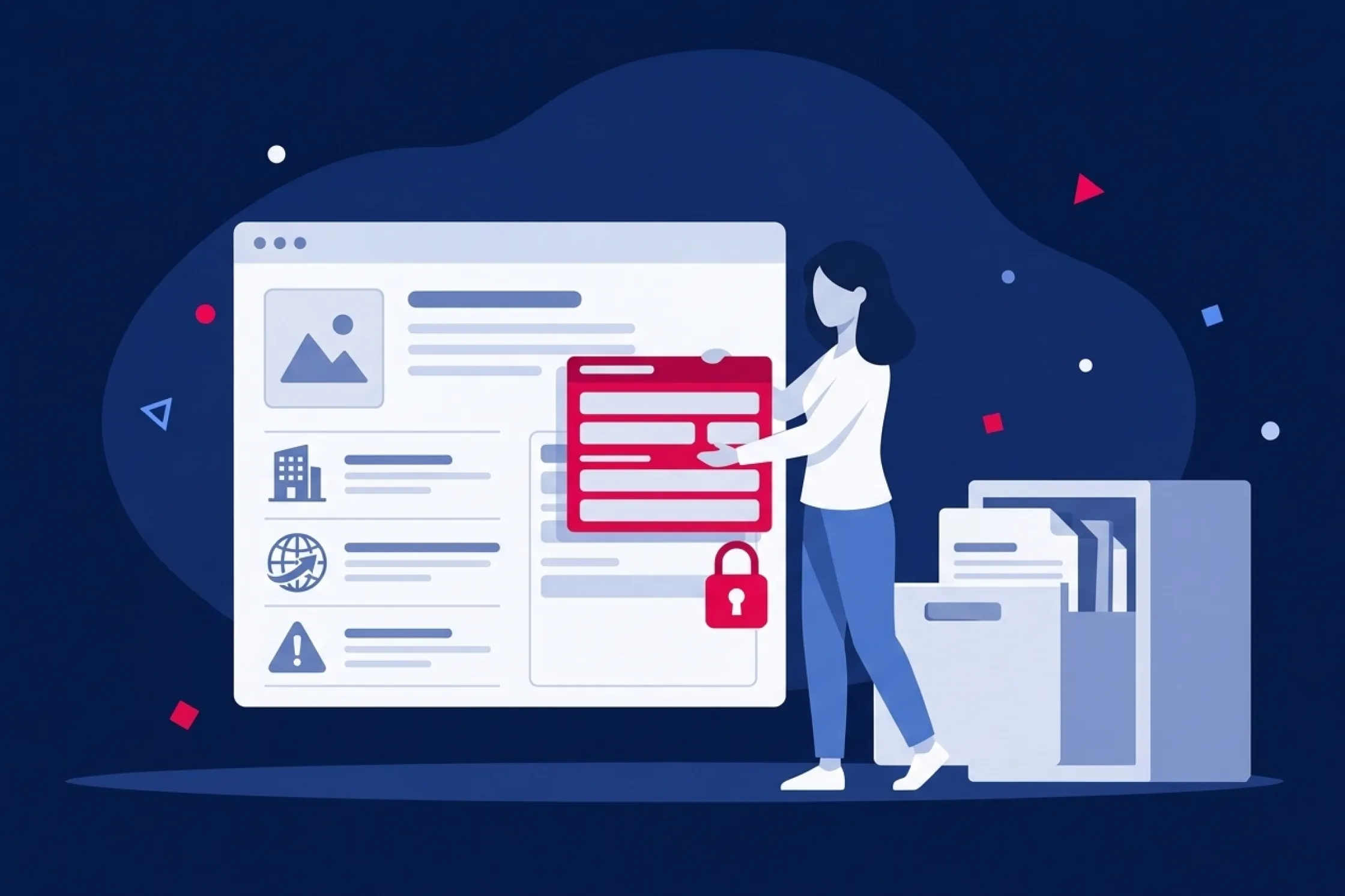 Mujer gestionando información técnica de productos en una plataforma web segura.