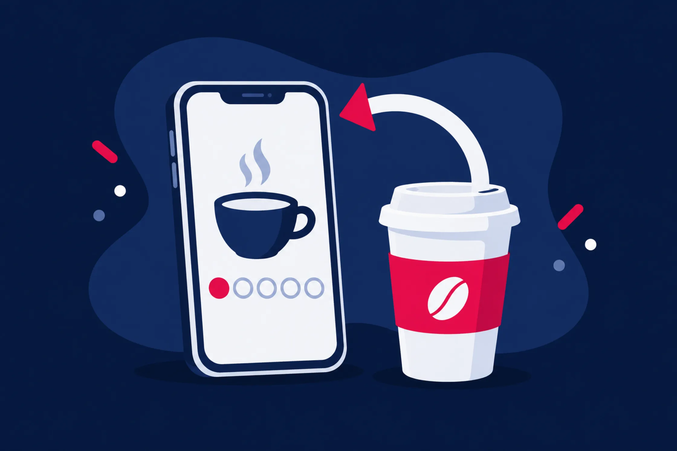 Móvil con tarjeta de fidelización, vaso de café y flecha que simboliza el regreso del cliente.