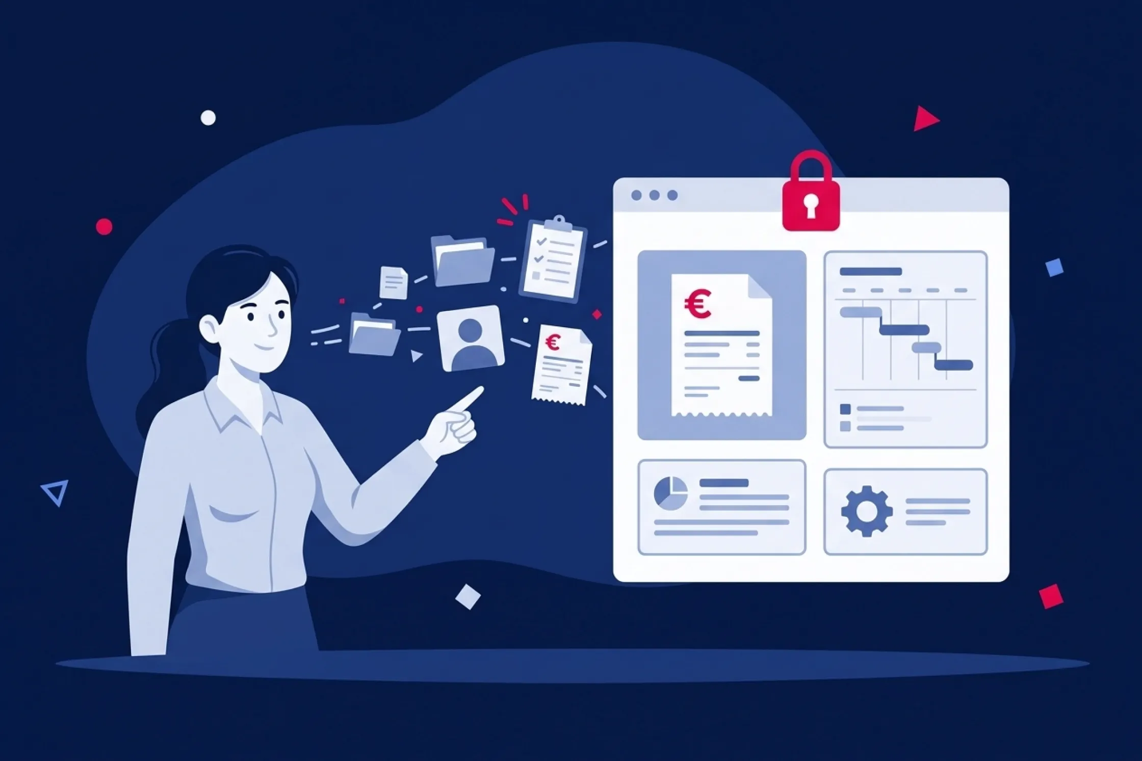 Una mujer gestiona el acceso a documentos y datos en un portal protegido por candado.