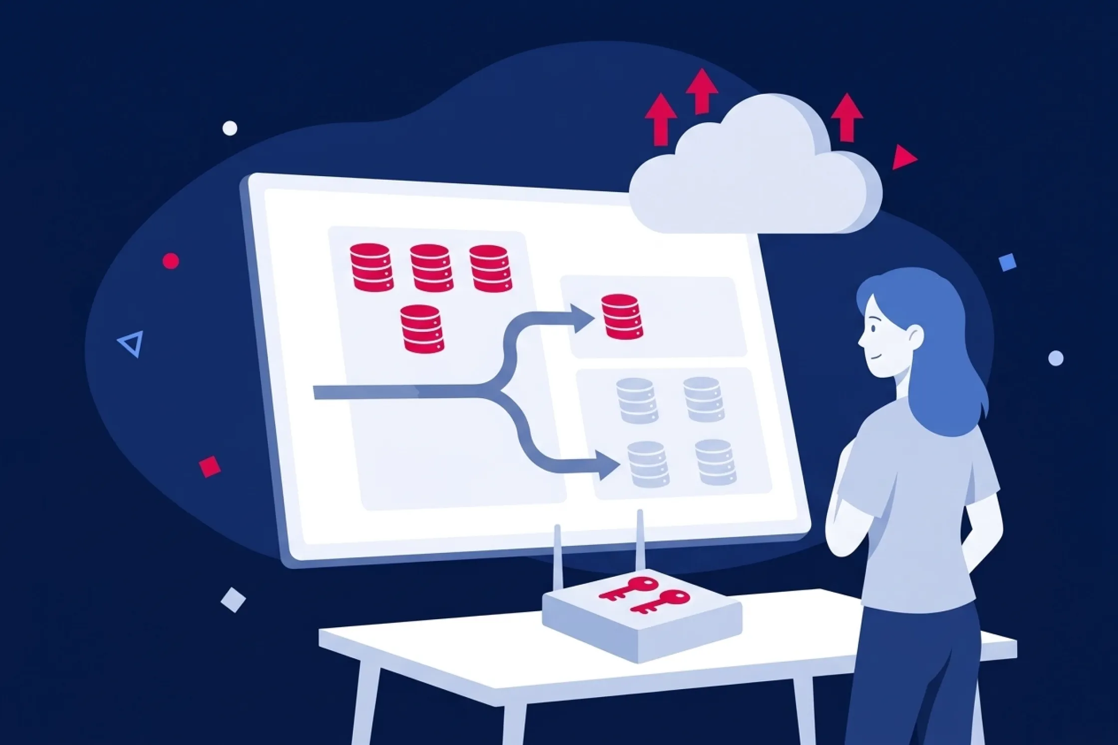 Mujer analizando un diagrama de bases de datos y computación en la nube para arquitectura SaaS.