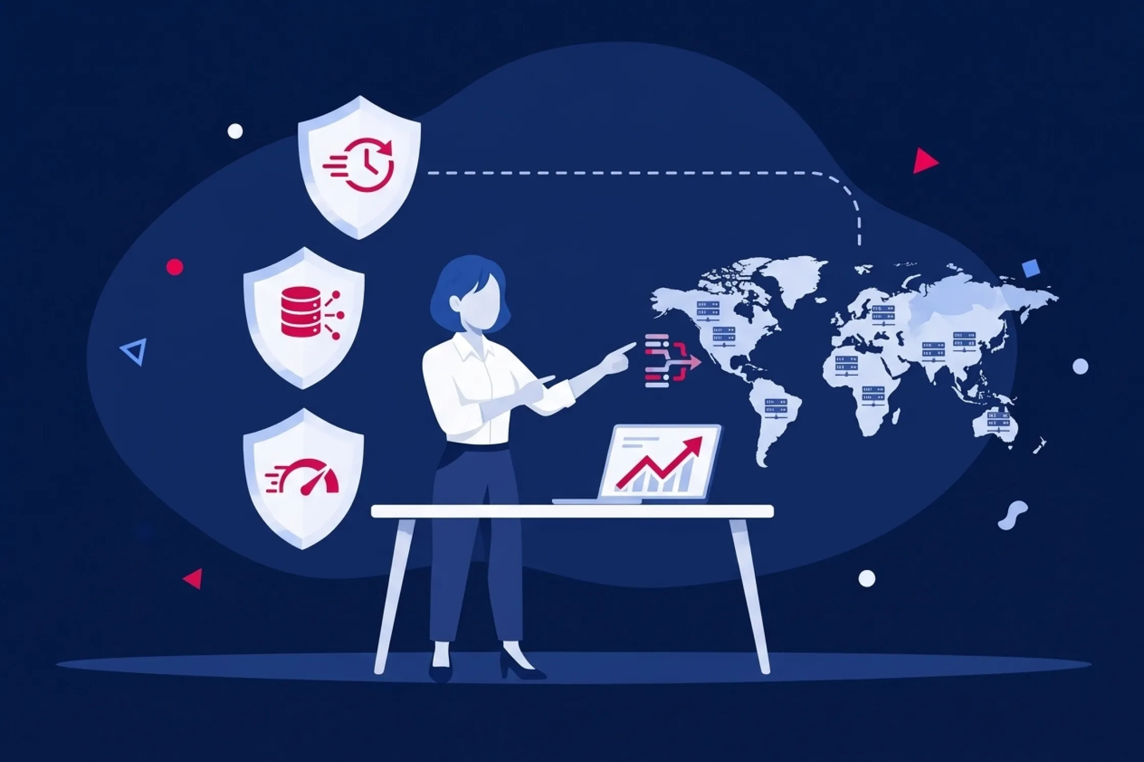 Especialista gestionando una red global CDN con capas de seguridad y optimización