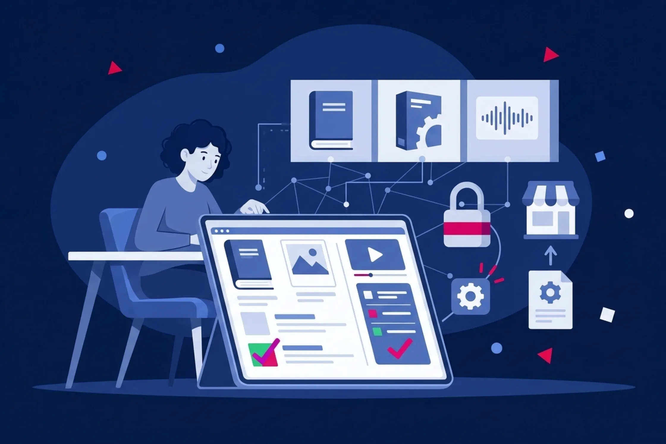Persona gestionando una tienda de contenidos digitales interactivos en una tableta.