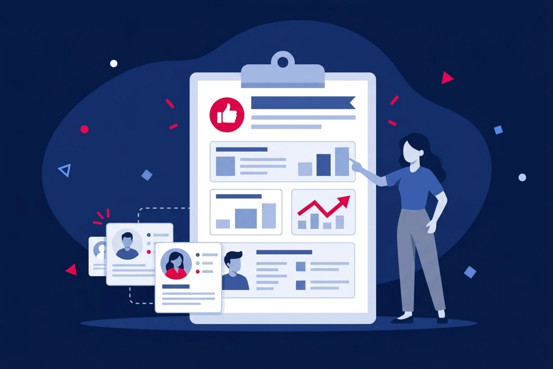 Mujer analizando un estudio de mercado con gráficos de datos y perfiles de usuarios