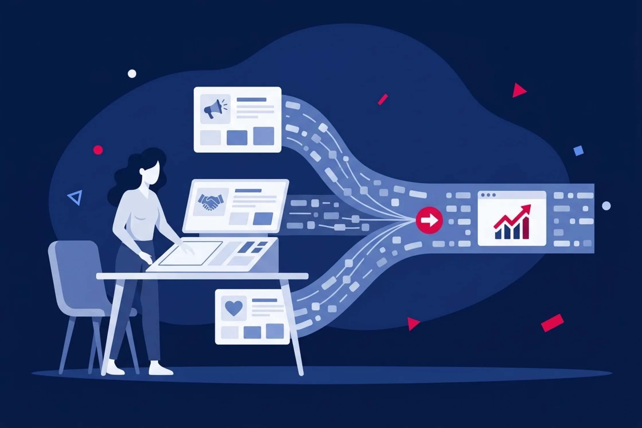 Mujer canalizando datos de marketing, ventas y clientes hacia un gráfico de crecimiento.