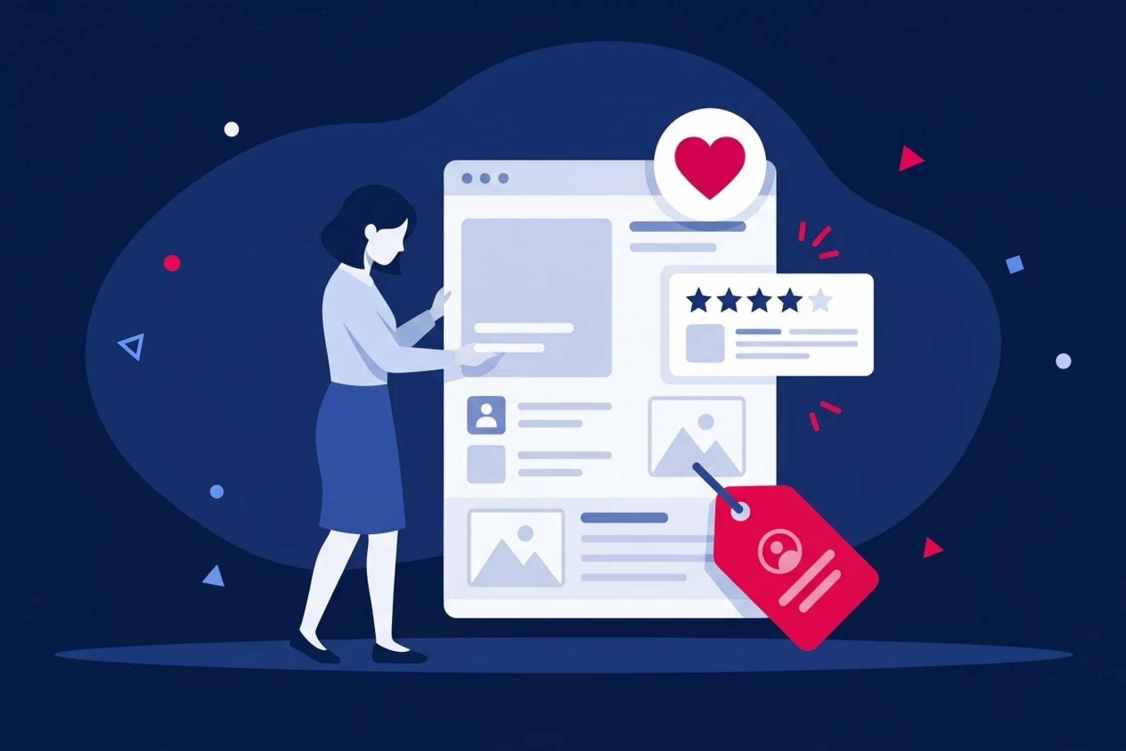 Mujer editando una ficha de producto web con fotos, etiquetas y valoraciones