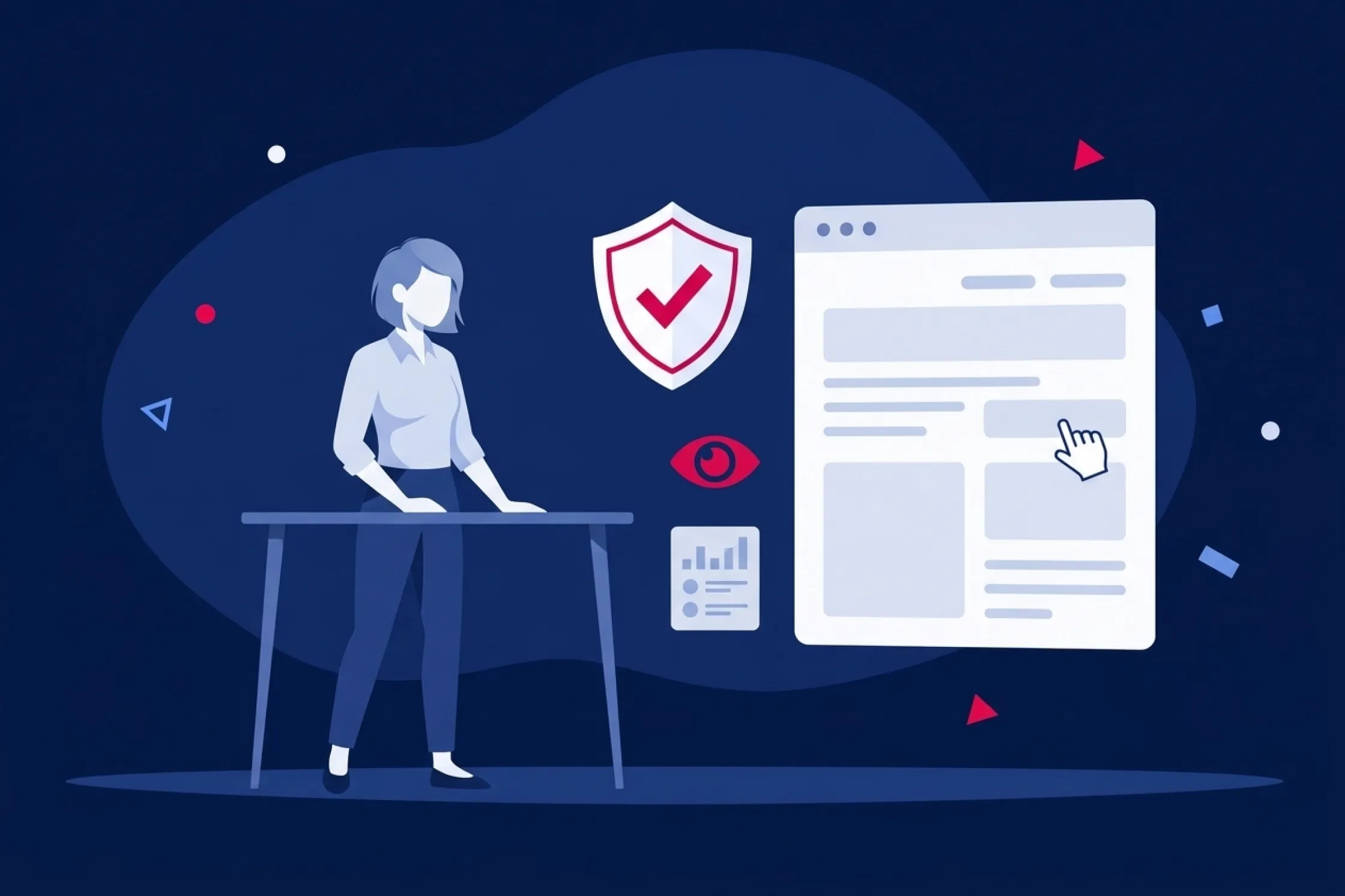 Mujer junto a una mesa examinando la interfaz de un sitio web con iconos de seguridad y visión