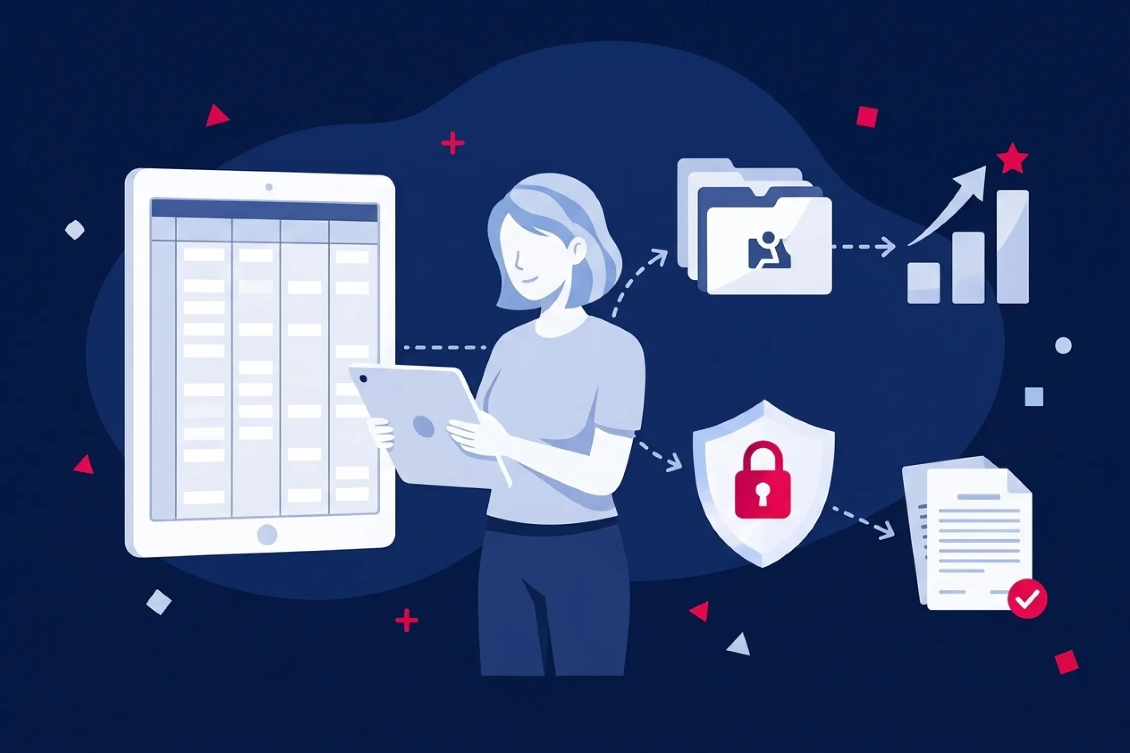 Mujer gestionando datos en una tableta con carpetas, seguridad y documentos de auditoría