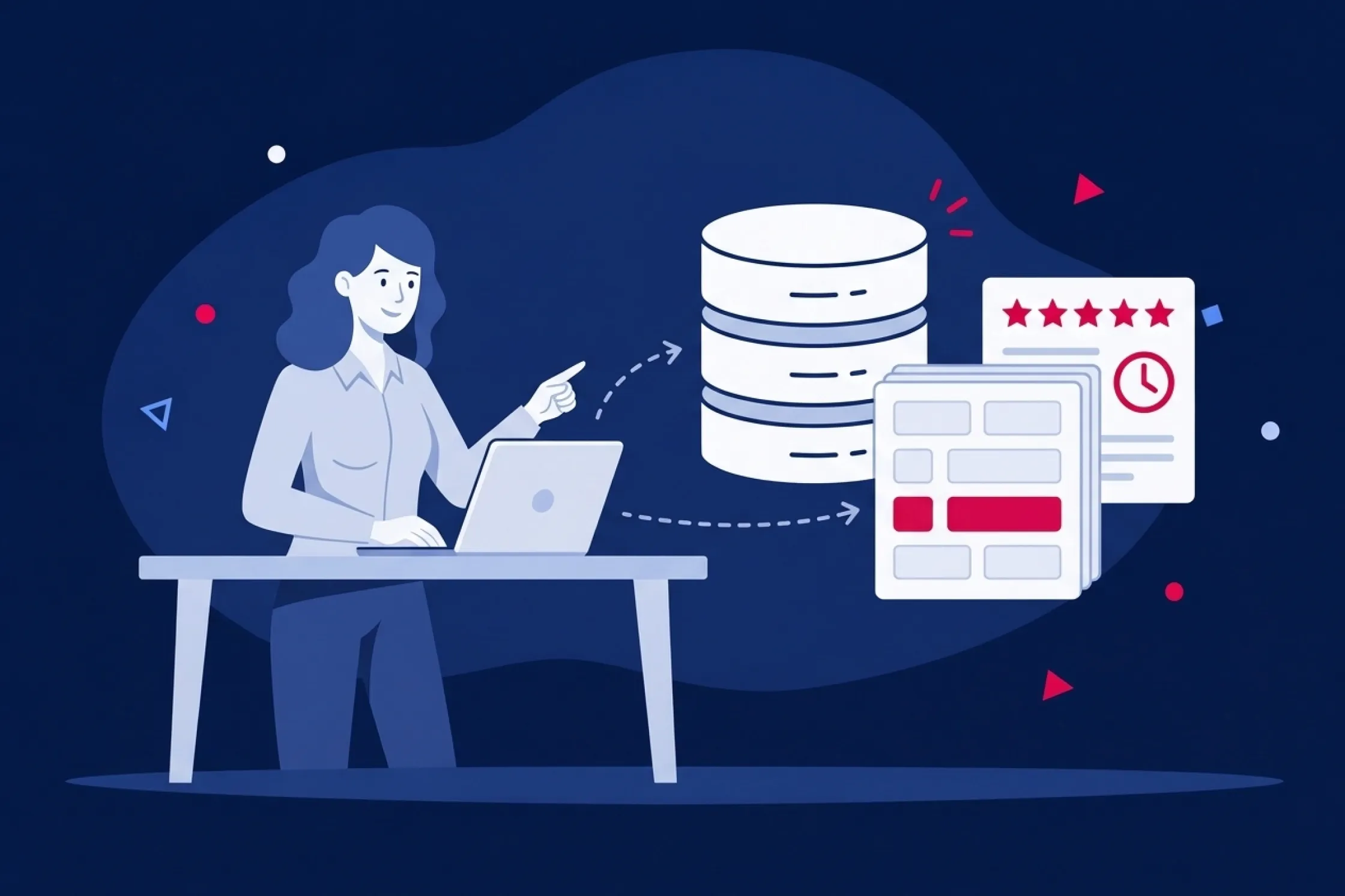 Mujer trabajando con un portátil junto a una base de datos y paneles de resultados web