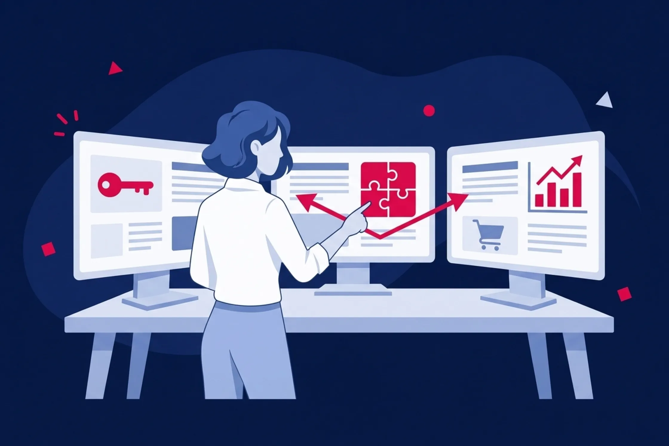 Una mujer frente a tres monitores analiza datos, gráficos y opciones de comercio online.