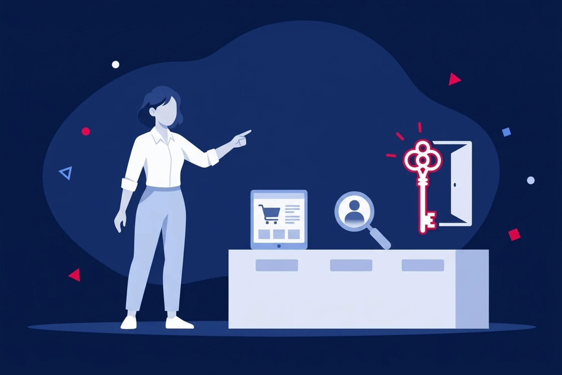 Una mujer señala una llave y una puerta abierta frente a iconos de comercio digital.