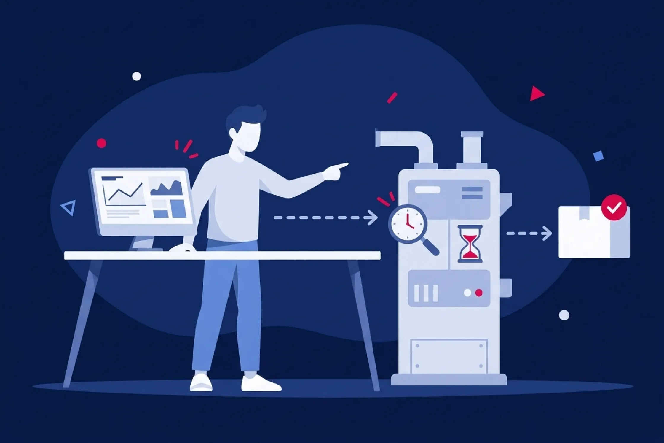 Operario monitorizando el control de calidad industrial y los tiempos de producción