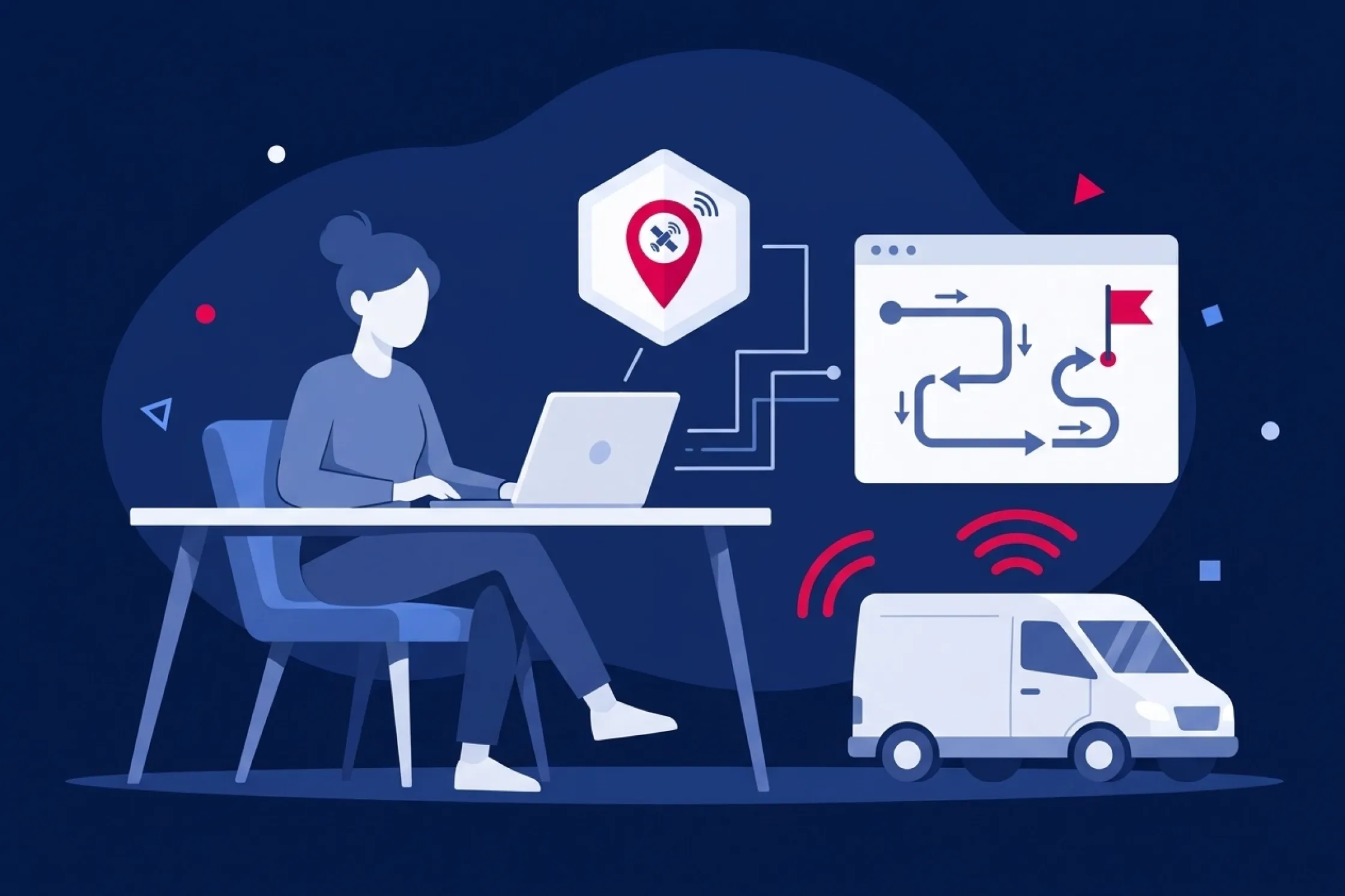 Una mujer gestiona la optimización de rutas y el rastreo por GPS de una furgoneta