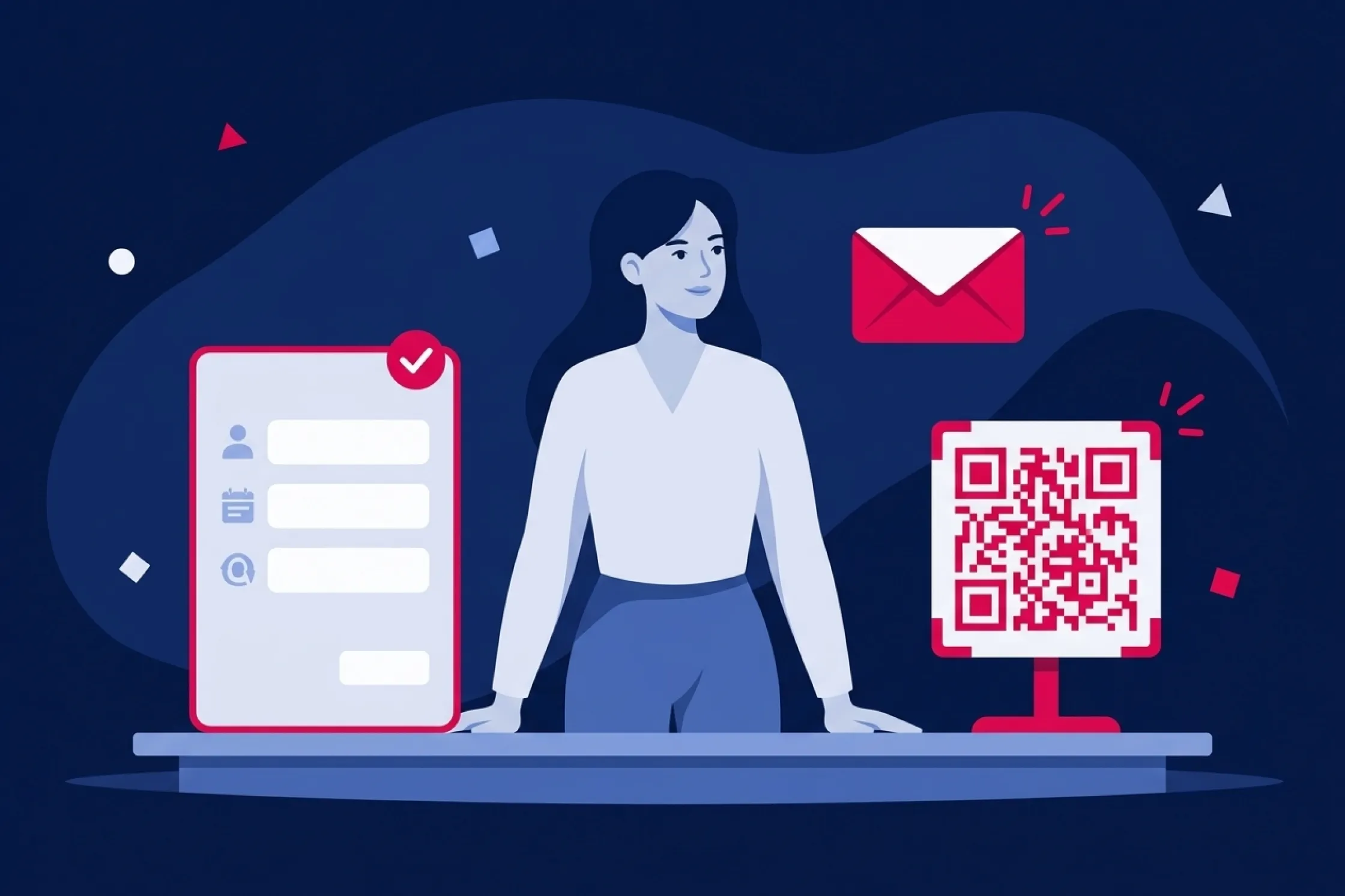 Mujer gestionando el registro de un evento con un formulario digital, correo y código QR.