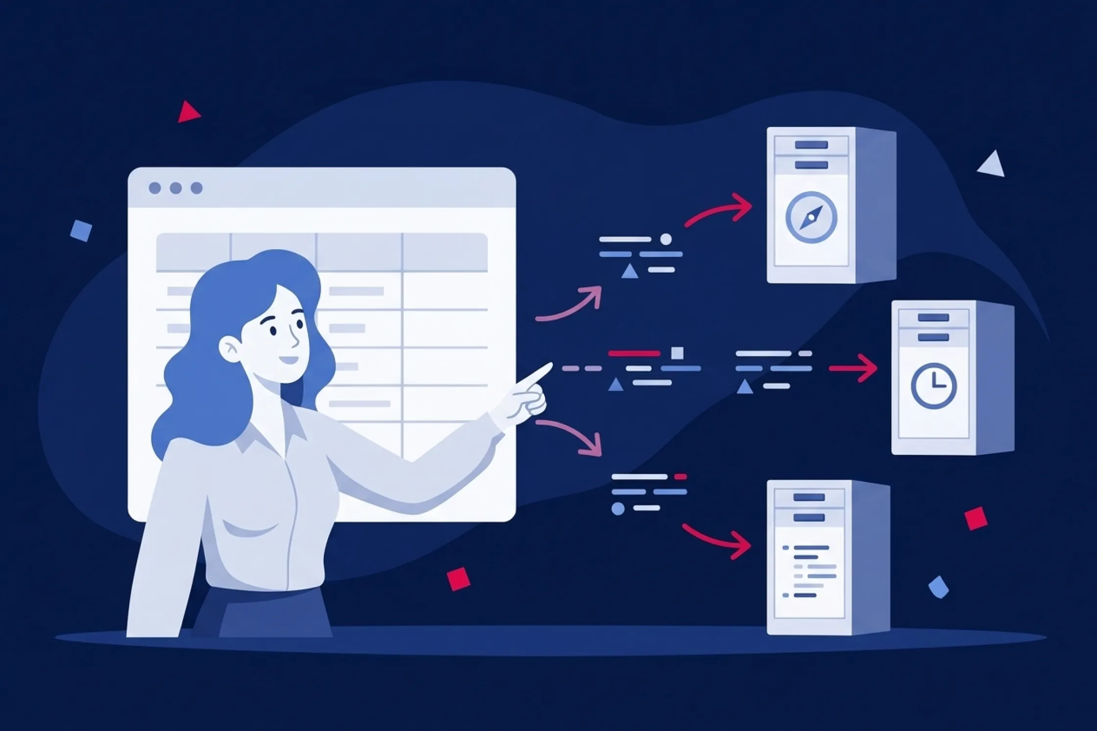 Una mujer gestiona la partición y distribución de datos hacia múltiples servidores