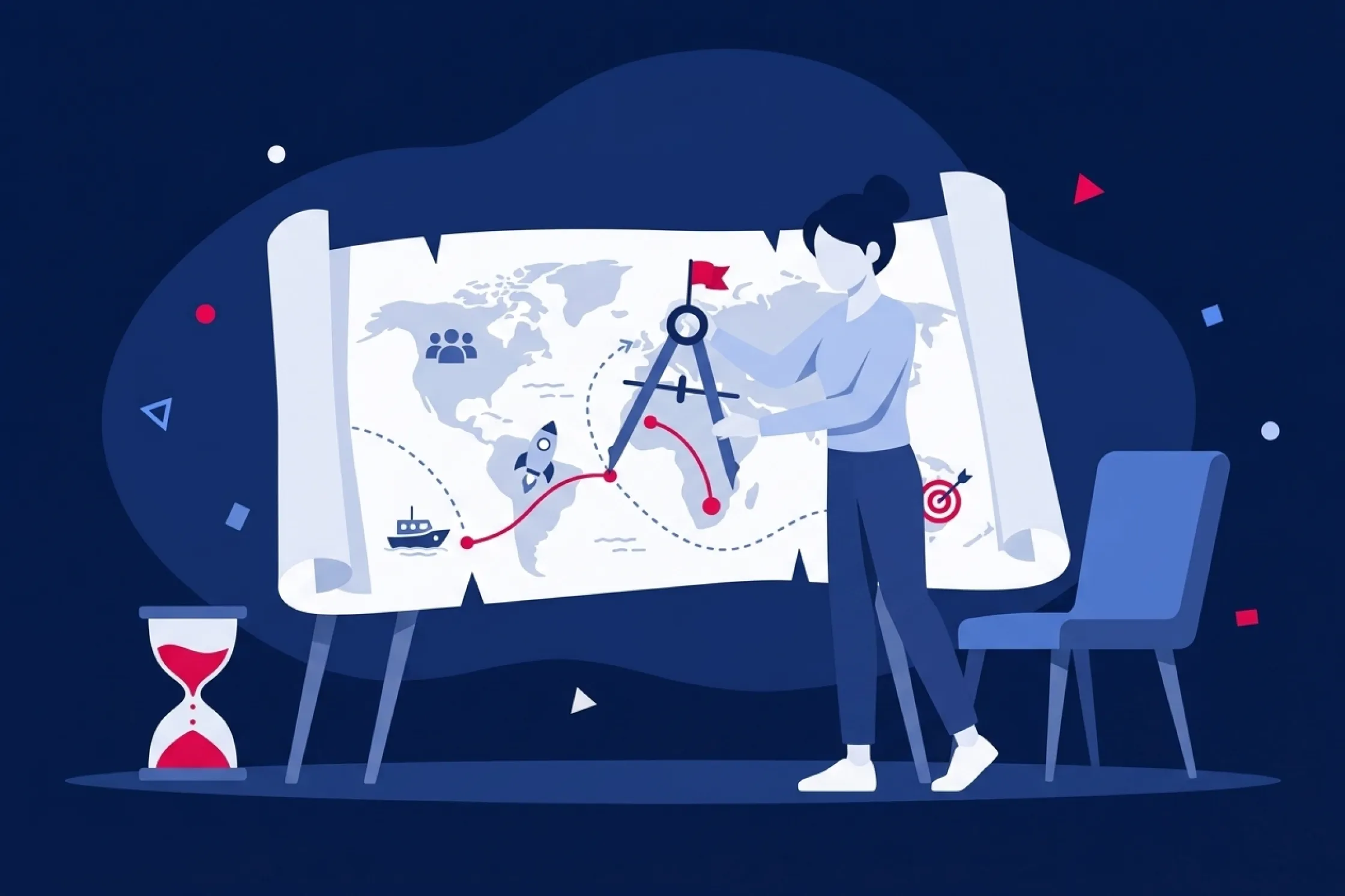 Mujer planificando una estrategia sobre un mapa del mundo con un compás