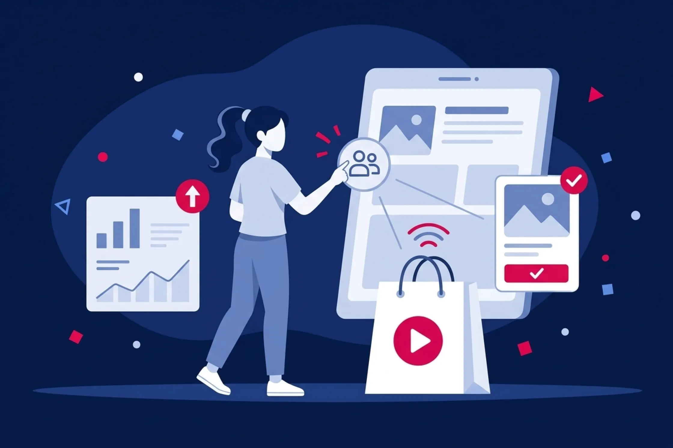 Mujer gestionando ventas en vivo con una pantalla digital y una bolsa de compras interactiva