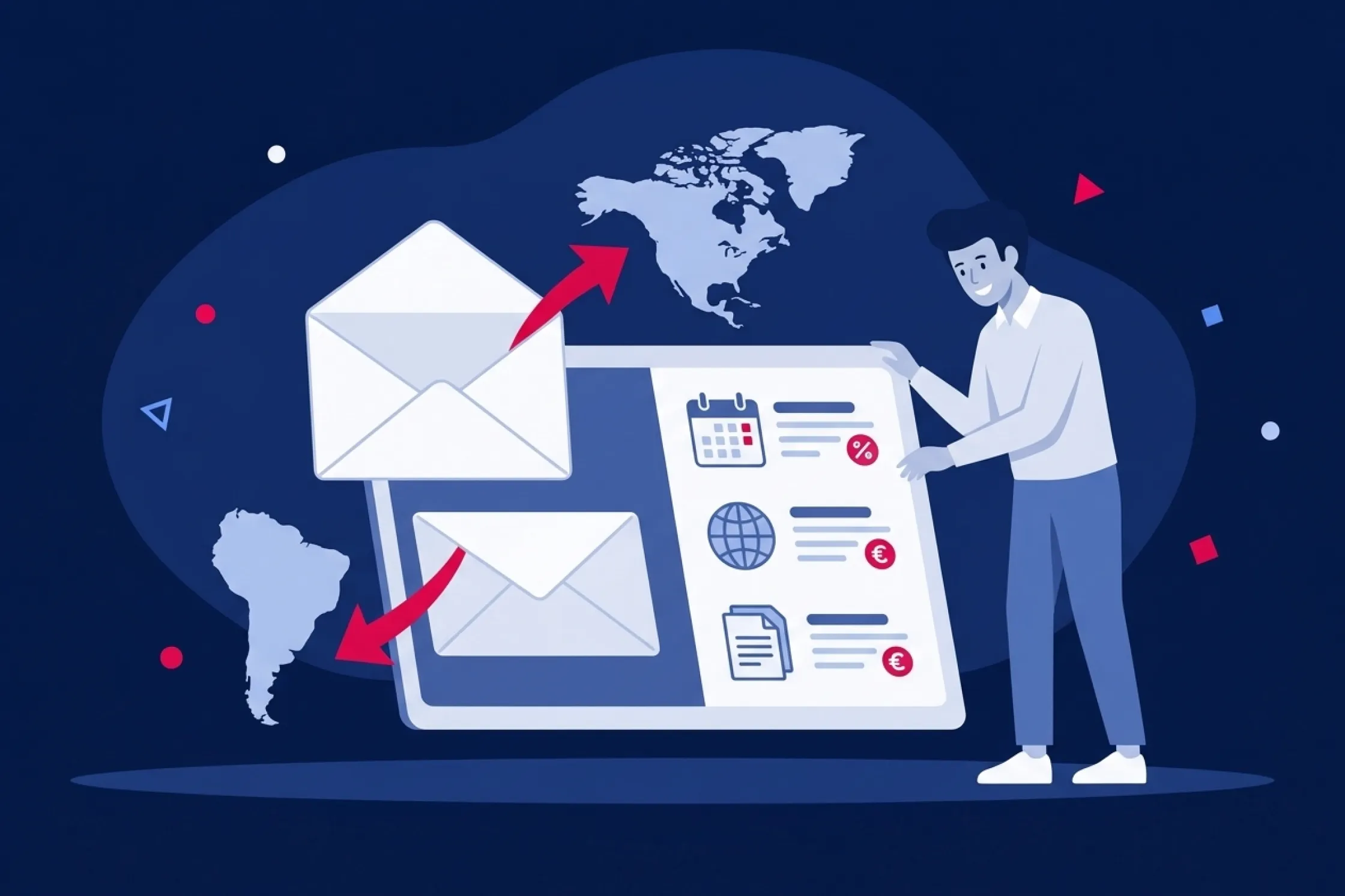 Hombre configurando la localización internacional y envíos en una pantalla digital