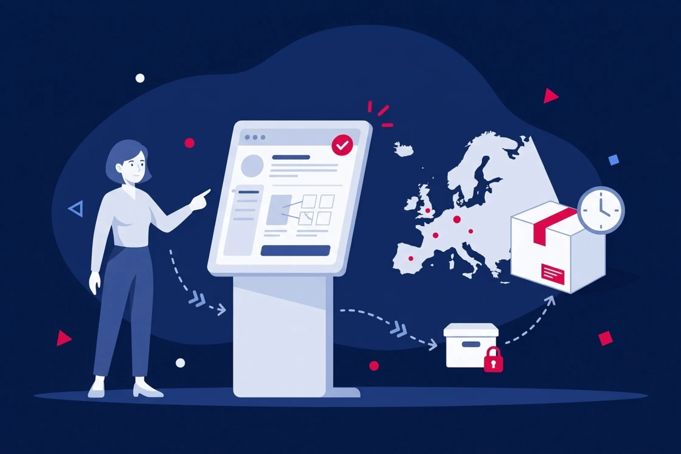 Mujer gestionando pedidos en pantalla digital con envíos de paquetes por Europa