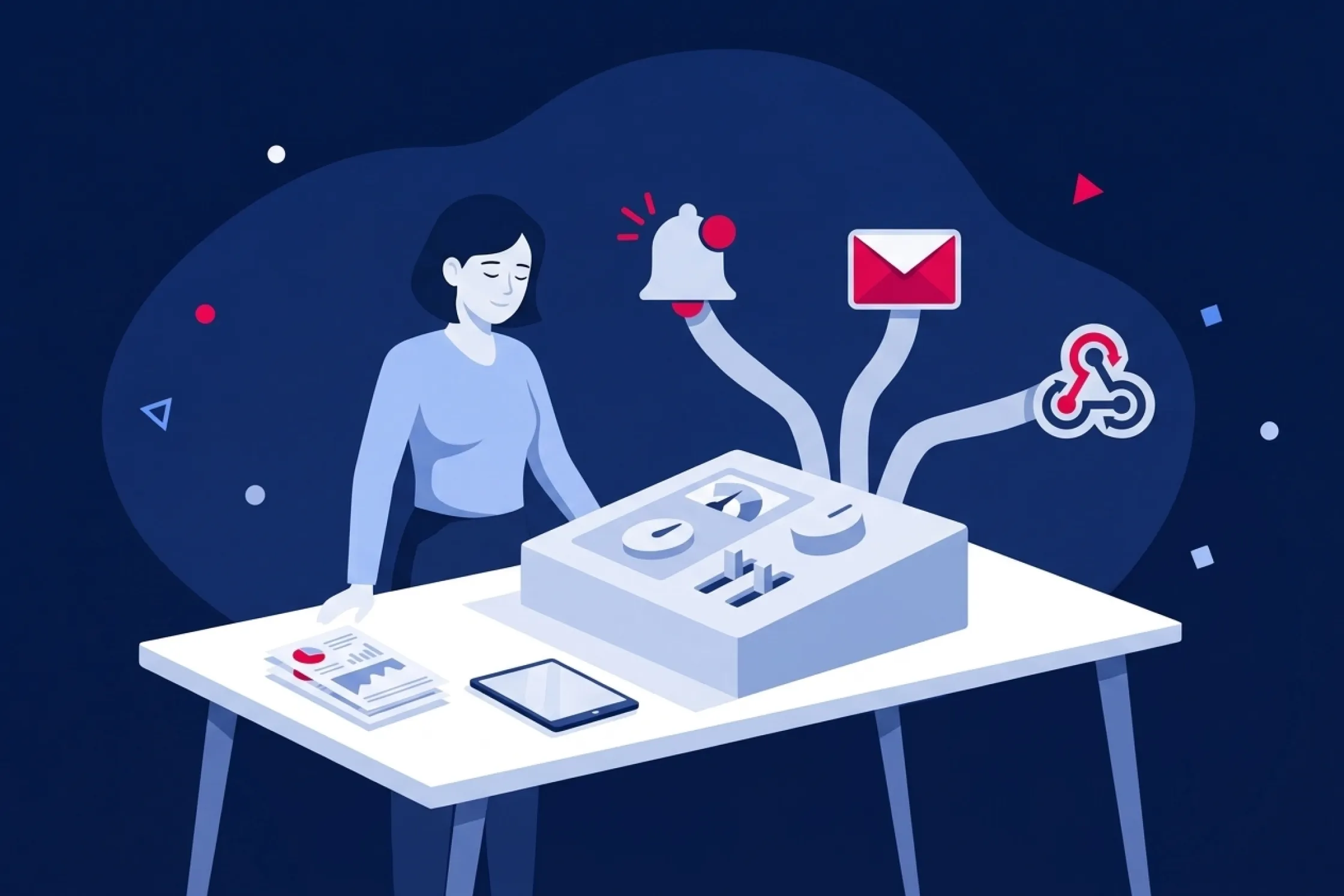 Mujer gestionando un panel de control con canales de notificación, correo y alertas.