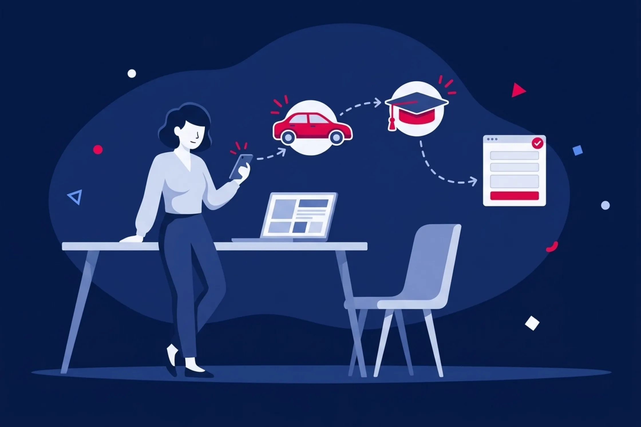Mujer usando su teléfono móvil junto a iconos de coche, birrete y formulario web