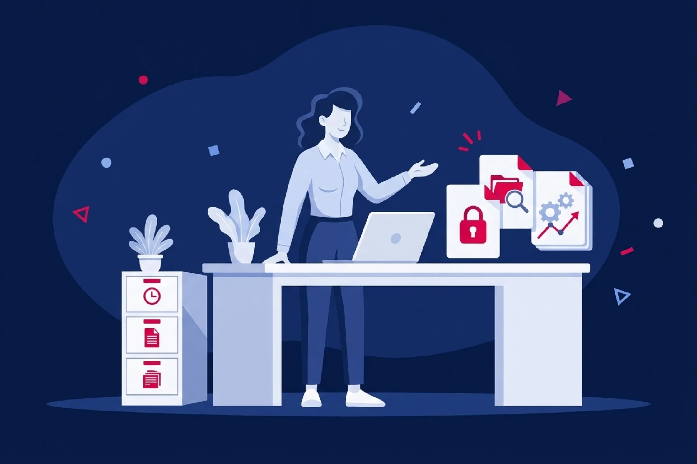 Profesional en su oficina gestionando archivos digitales, seguridad y datos abiertos