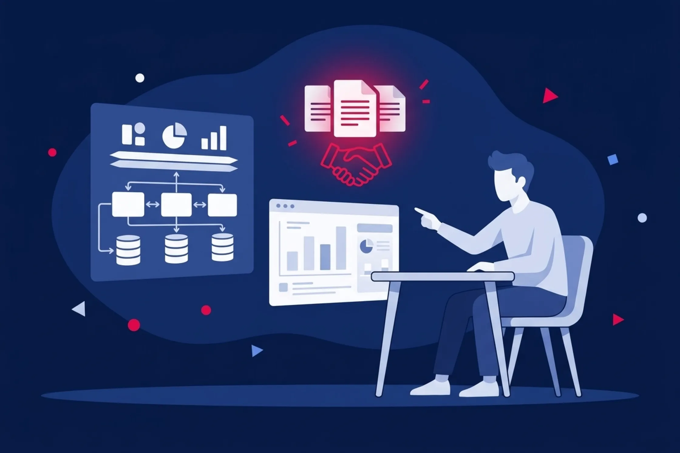Persona consultando pantallas con datos abiertos, gráficos y documentos de transparencia.