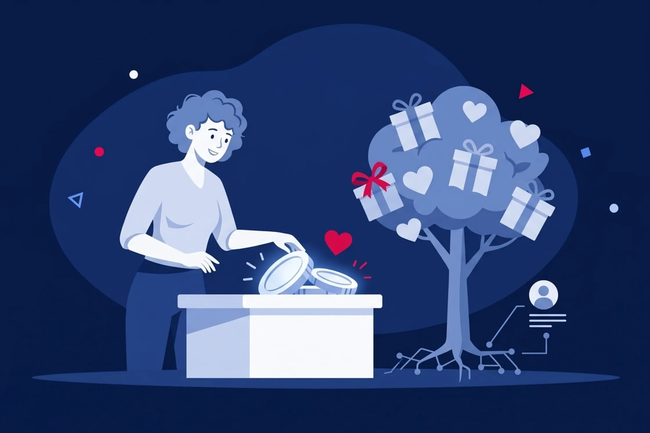Mujer depositando monedas junto a un árbol con regalos y corazones para fidelización.