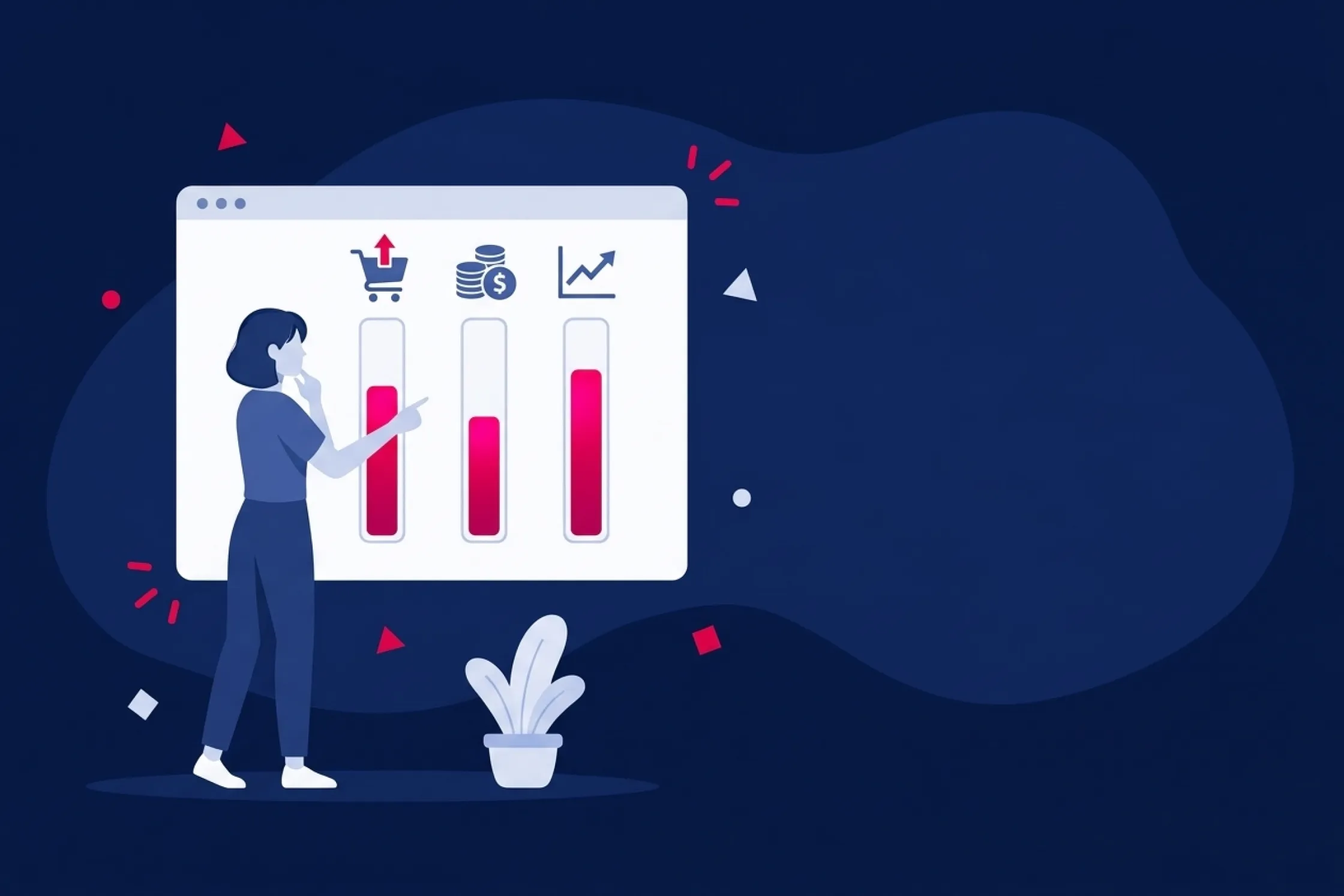 Mujer analizando métricas de ventas y gráficos de rendimiento en una pantalla digital.