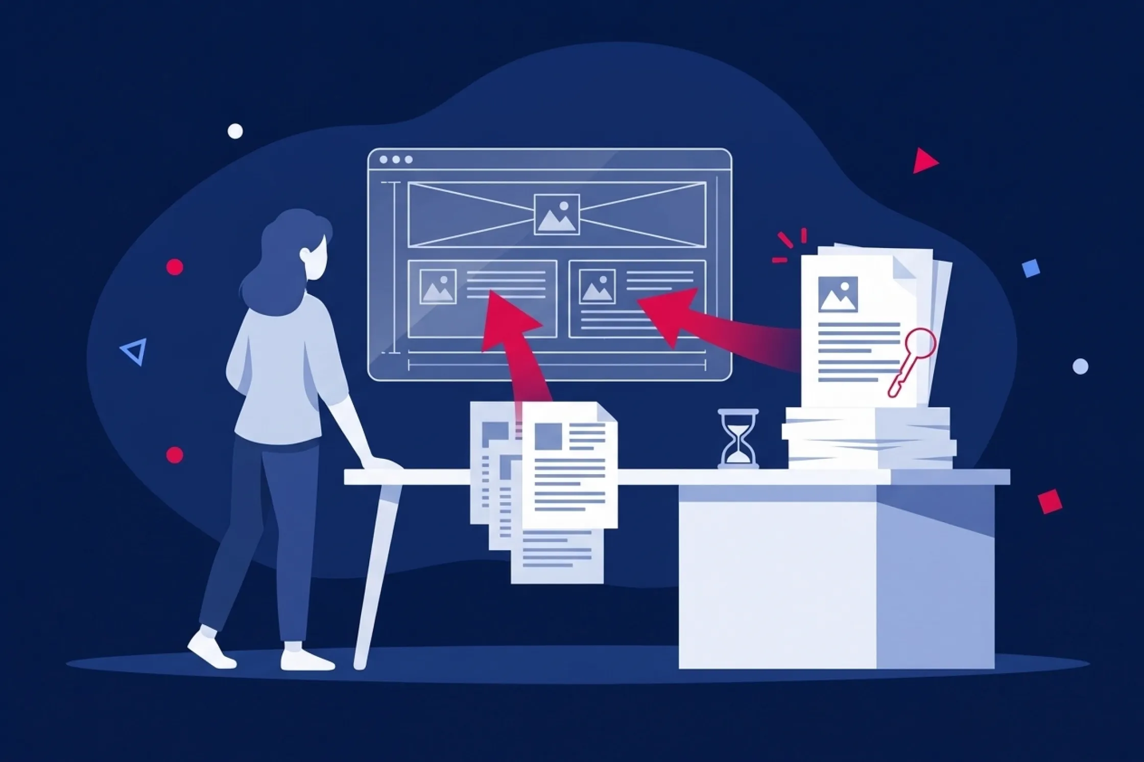 Persona organizando documentos y contenidos escritos para estructurar una página web corporativa.