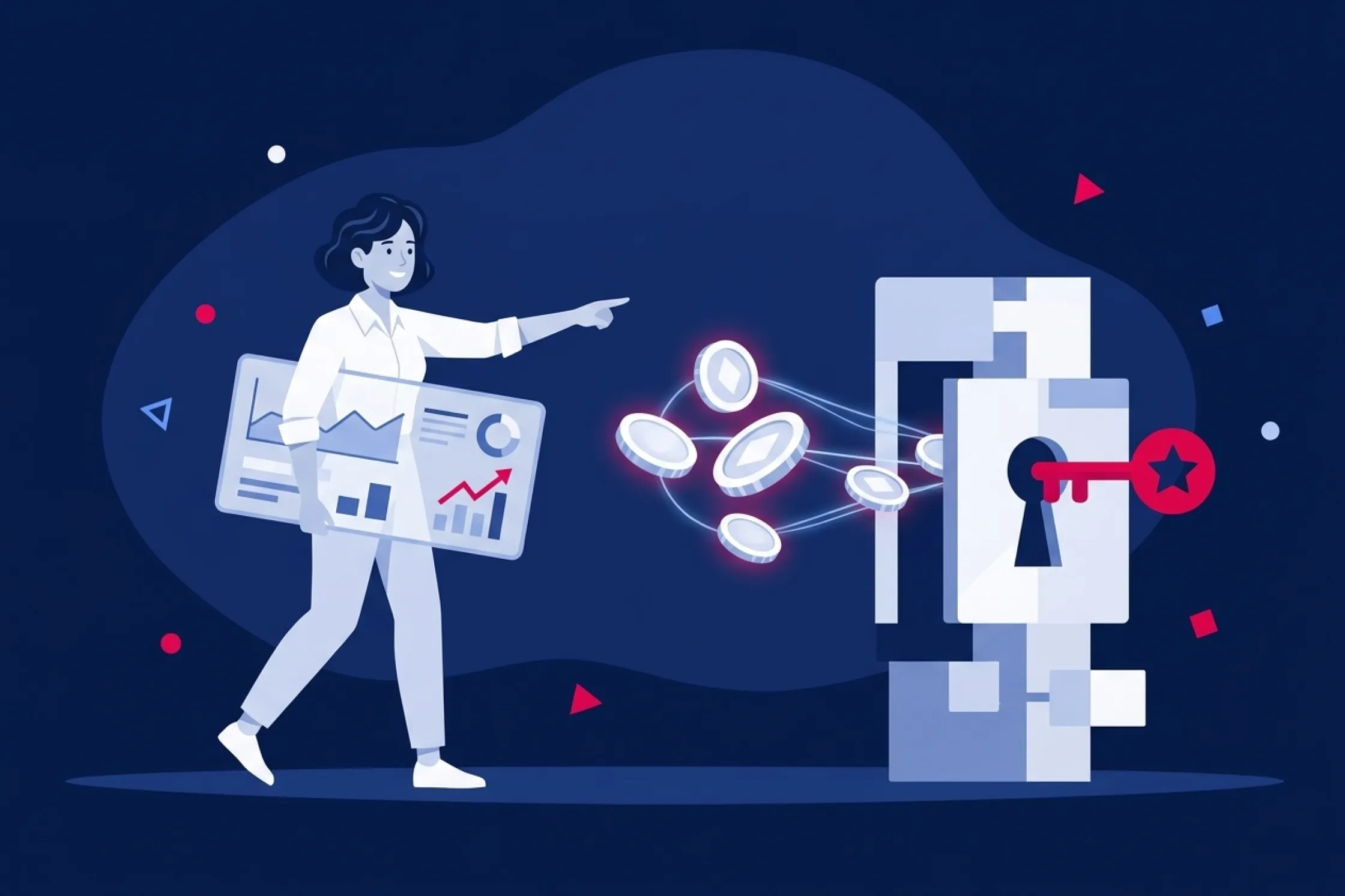 Mujer con panel de gráficos señalando tokens digitales conectados a una cerradura con llave