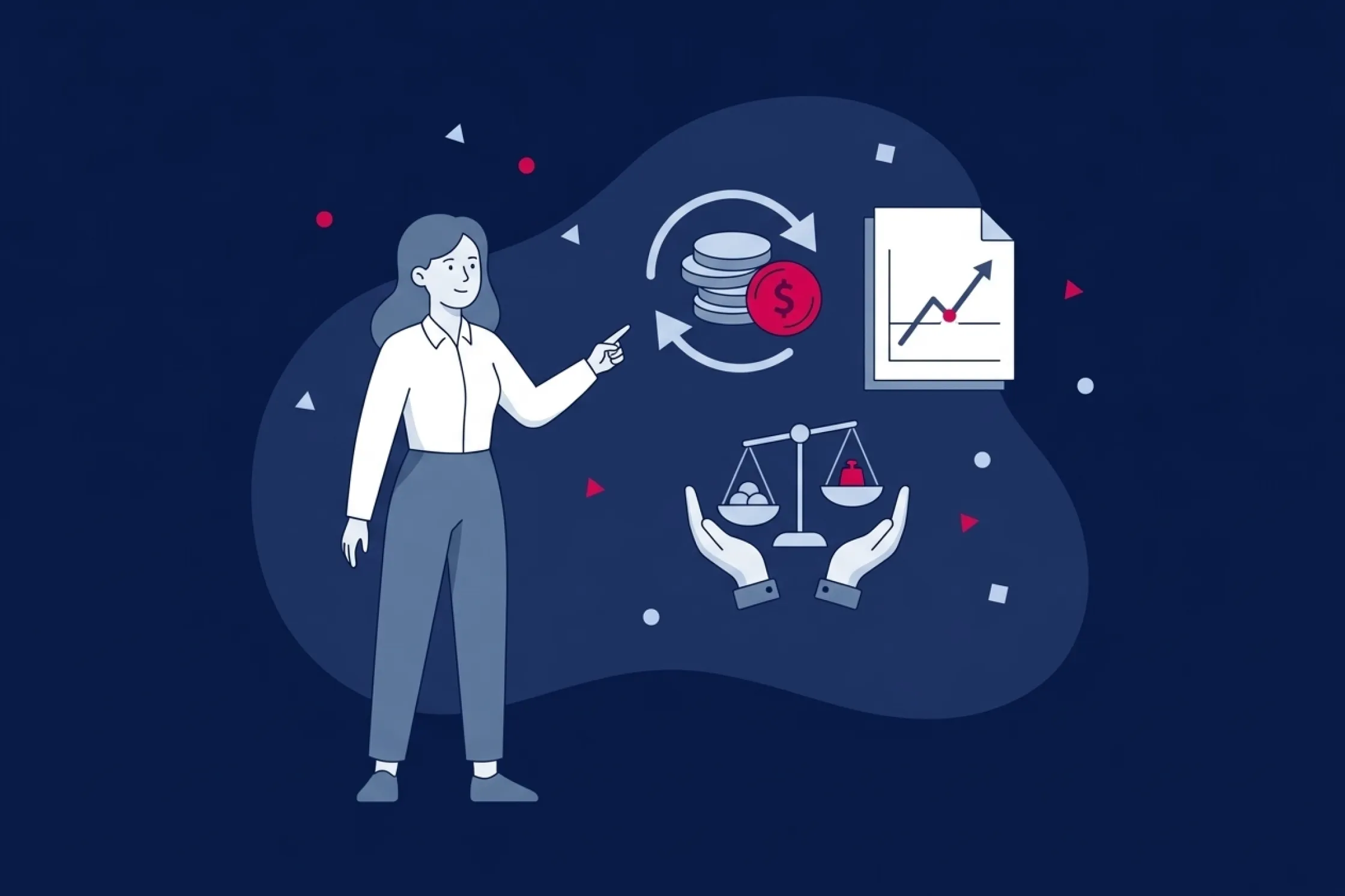 Mujer señalando iconos de monedas, gráfico de crecimiento y balanza financiera