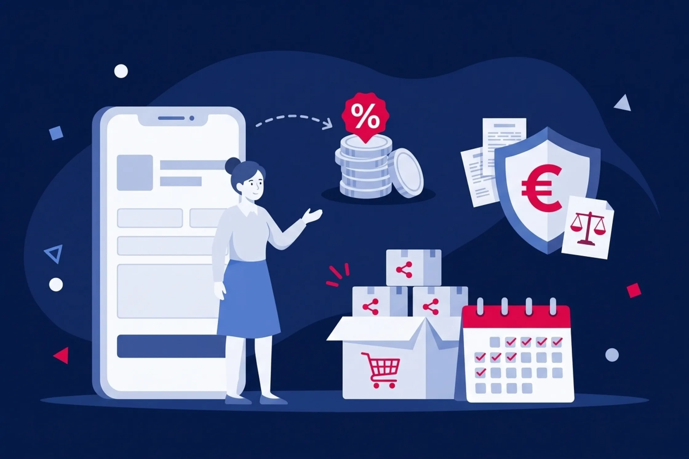 Mujer junto a un móvil con compras, calendario de pagos aplazados y garantías legales.