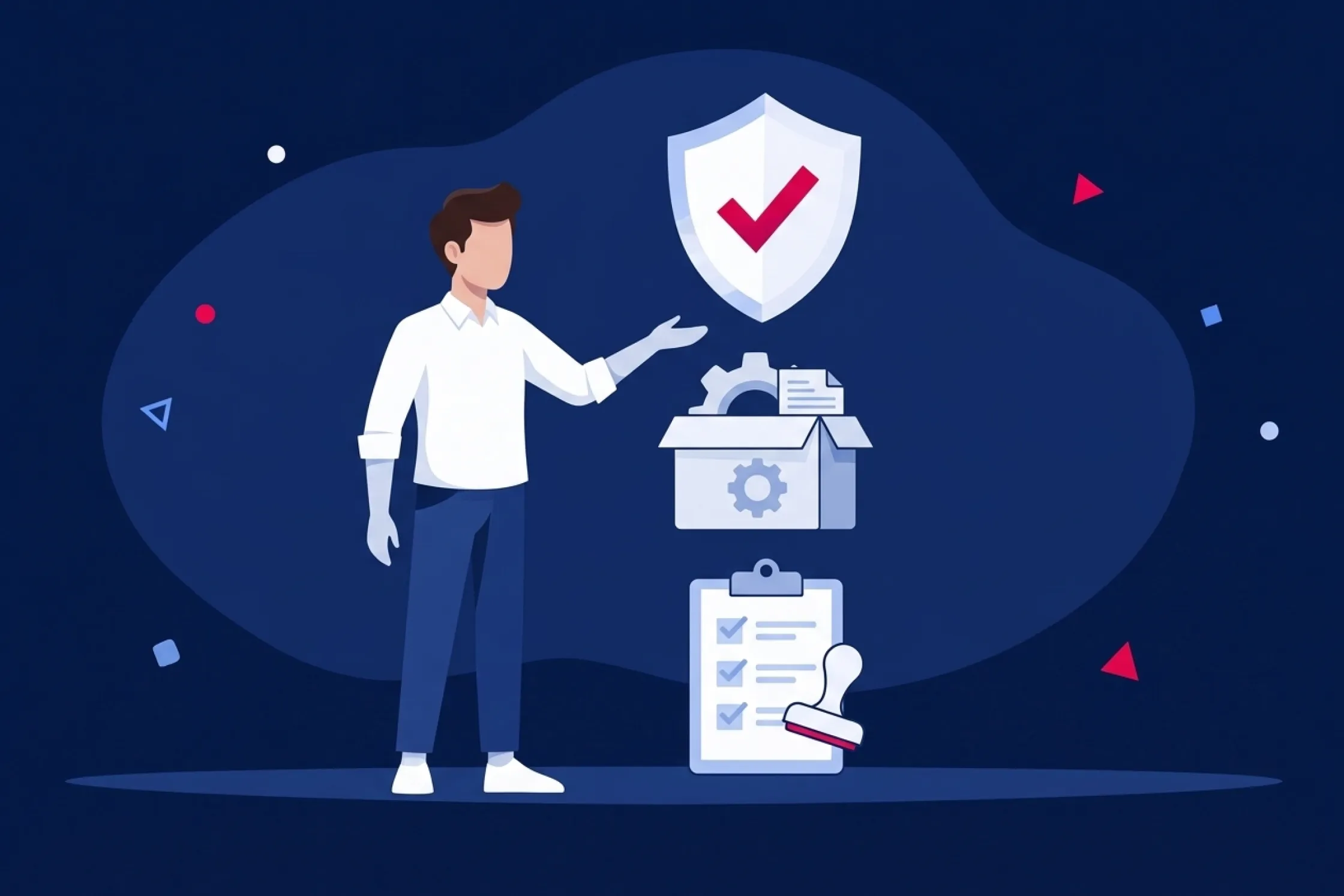 Hombre señalando un escudo de seguridad, engranajes y una lista de verificación con sello.