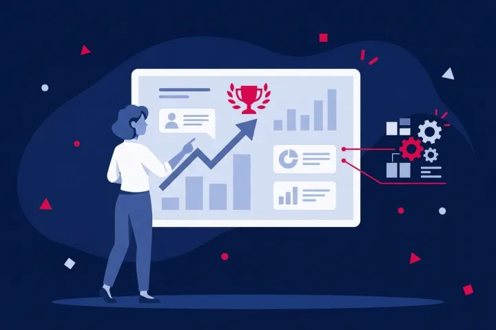 Una mujer señala una pantalla con gráficos de crecimiento empresarial y un trofeo de éxito