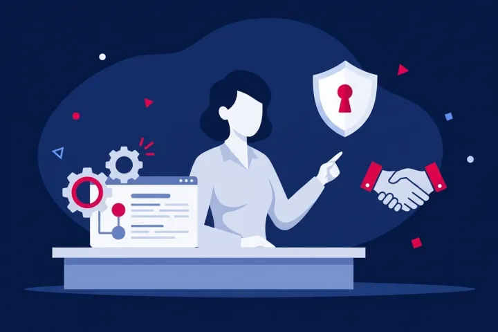 Mujer en un escritorio señalando iconos de seguridad, acuerdos comerciales y tecnología.