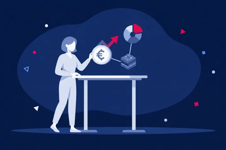 Mujer analizando una moneda de euro, gráficos circulares y métricas financieras en una mesa