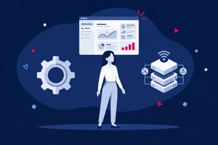 Mujer profesional rodeada de un engranaje, pantalla con métricas y servidores de datos.