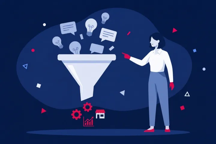 Una mujer señalando un embudo de innovación que transforma ideas en proyectos