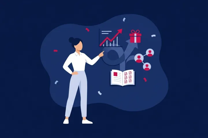Mujer señalando iconos de crecimiento empresarial, red de contactos y recompensas.