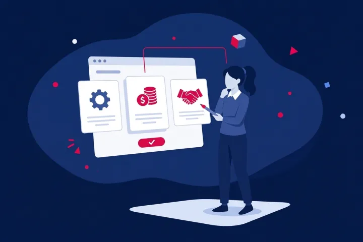 Mujer evaluando opciones de software empresarial con iconos de finanzas y gestión