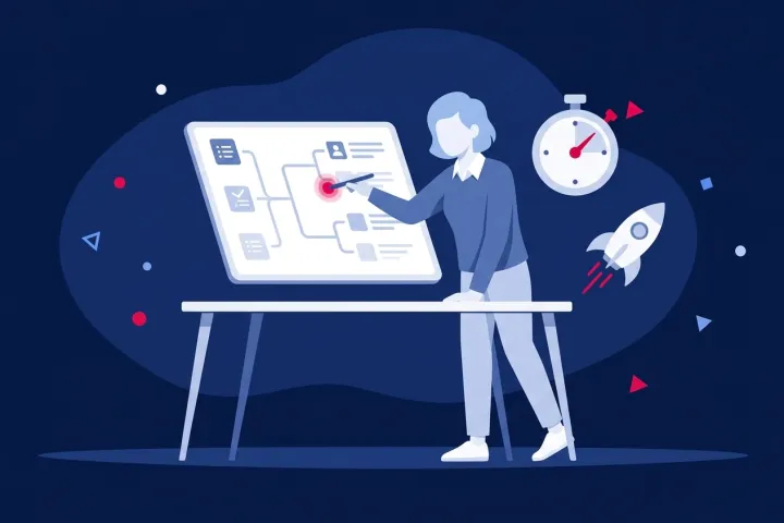Mujer analizando diagramas en una pantalla junto a un cronómetro y un cohete en vuelo.