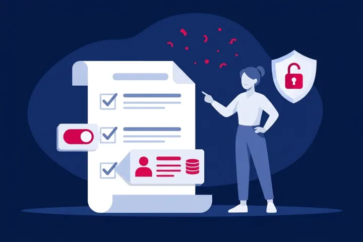 Mujer revisando un documento de políticas de privacidad con casillas y un escudo con candado