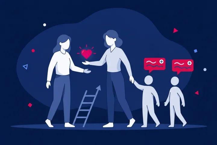 Dos mujeres compartiendo un corazón brillante junto a niños con mensajes positivos
