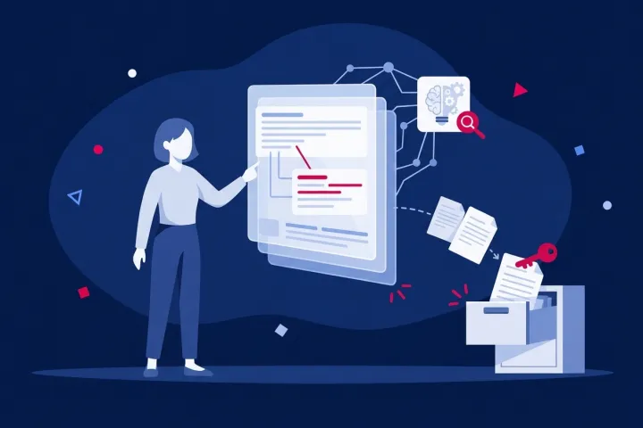 Mujer interactuando con documentos digitales conectados a inteligencia artificial y archivos.