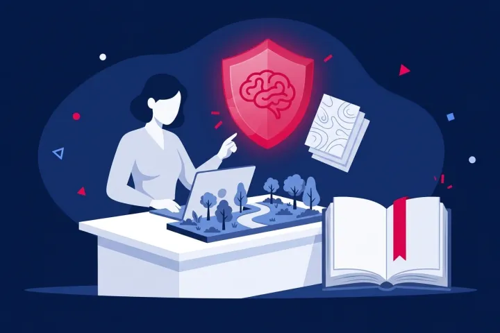 Persona frente a un portátil junto a un libro abierto y un escudo con un cerebro de IA.