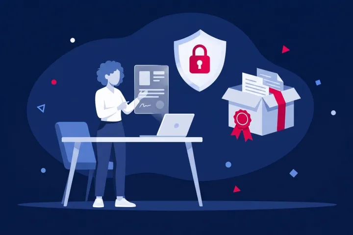 Mujer revisando documentos legales junto a un escudo con candado y archivos certificados